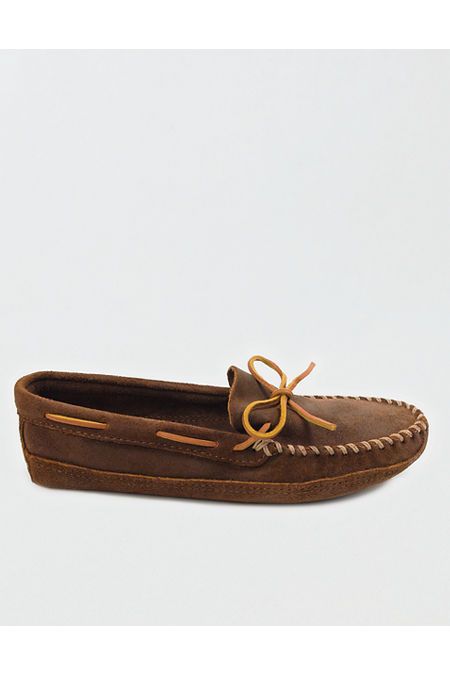 Brown Ruff Leather upper/Rawhide lace/Padded insole/Leather softsole/Recommended for indoor use/Not Eligible For Promotions | Only Ships Within The USA Comfortable Brown Plain Toe Moccasins, Comfortable Flat Moccasins With Stitched Sole, Comfortable Brown Moccasins With Leather Footbed, Brown Moccasins With Cushioned Footbed, Brown Flat Moccasins With Removable Insole, Comfortable Leather Lace-up Moccasins, Minnetonka Moccasins, Mens Outfitters, Work Outfits