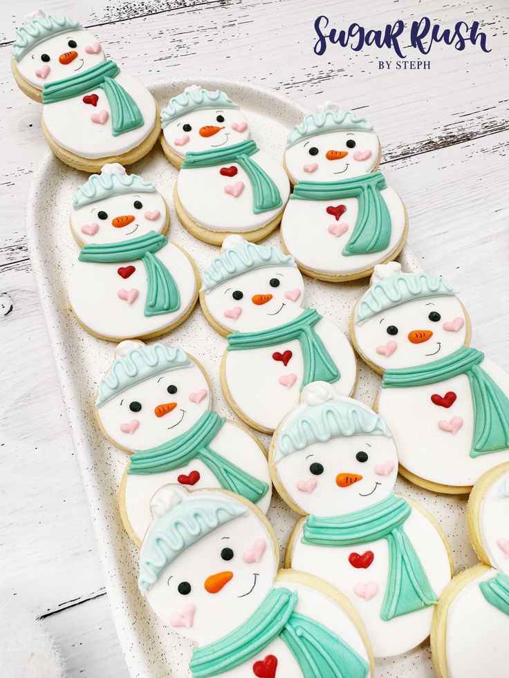 snowmen decorated sugar cookies on a platter