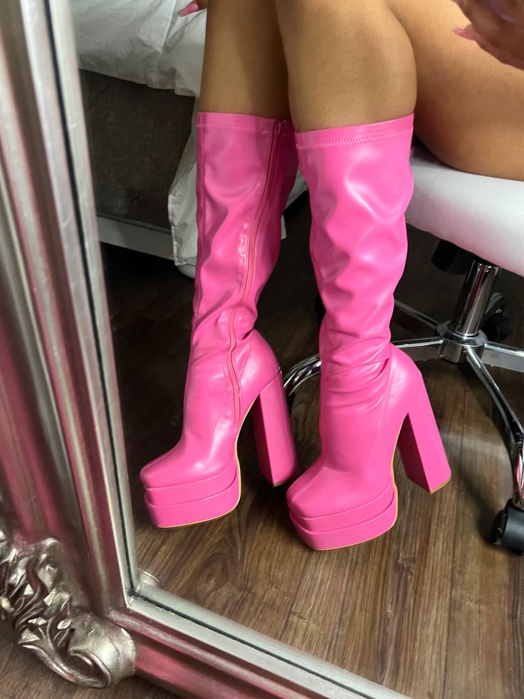 Hot pink platform knee-high heeled boots Patent leather New! Shoes Trendy Platform Knee-high Boots With Round Toe, Trendy Knee-high Platform Boots With Round Toe, Knee-high Boots With Chunky Platform And Wide Calf, Wide Calf Knee-high Platform Heeled Boots, Faux Leather Wide Calf Platform Boots, Trendy Platform Knee-high Boots With High Heel, Trendy Knee-high Boots With Platform Heel, Spring Platform Knee-high Boots With Round Toe, Wide Calf Chunky Platform Knee-high Boots With Round Toe