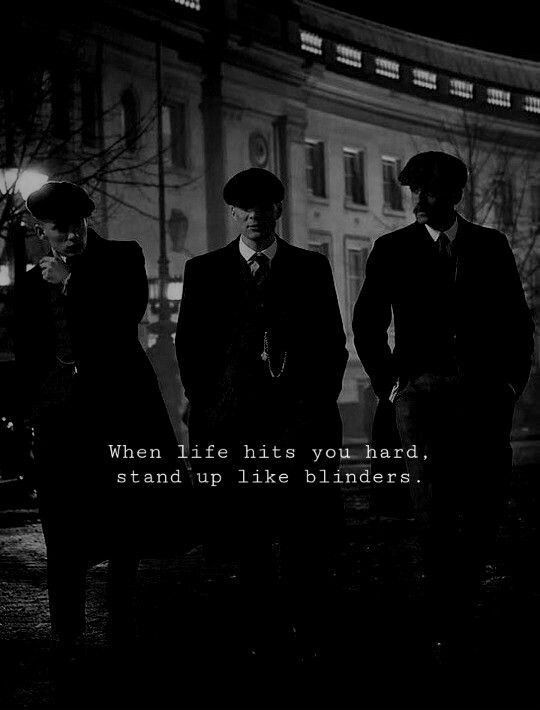 three men in suits and ties standing next to each other with the words, when life hits you hard, stand up like blinders