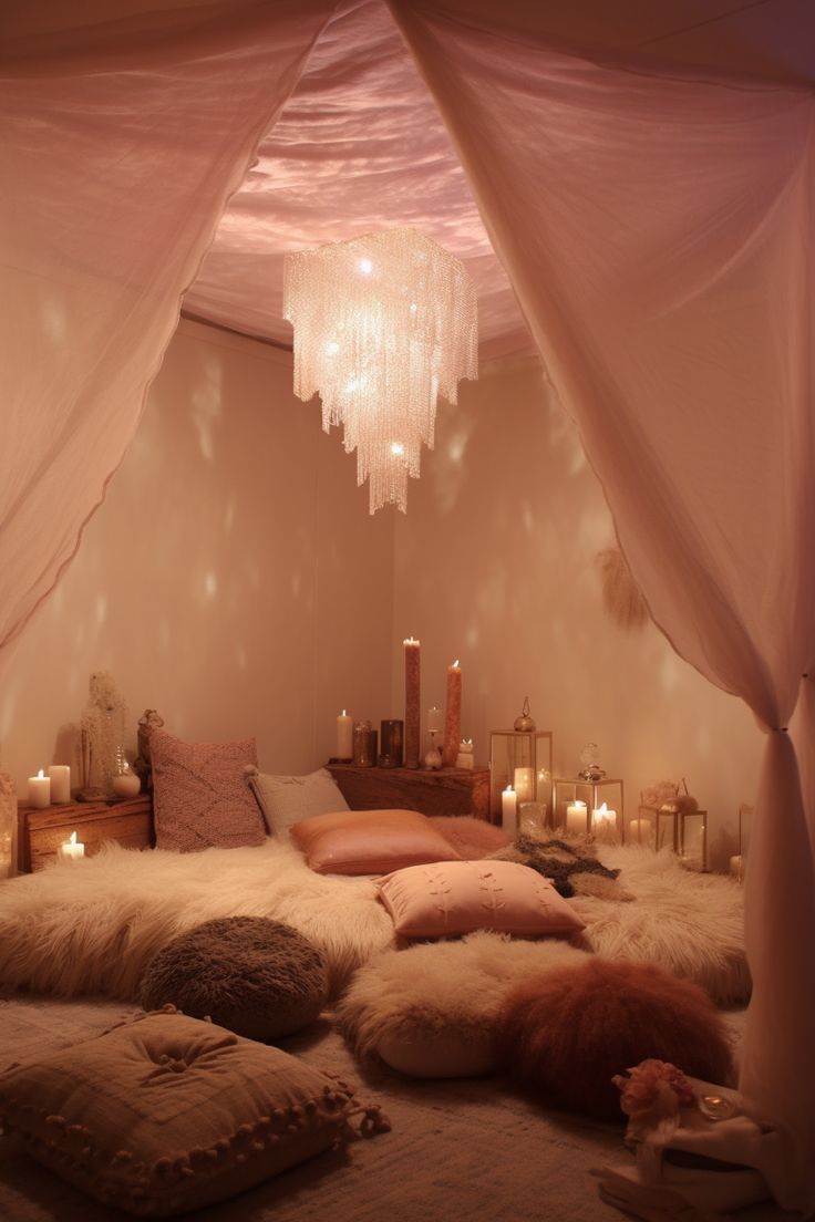 a bed with lots of pillows and blankets on top of it, surrounded by candles