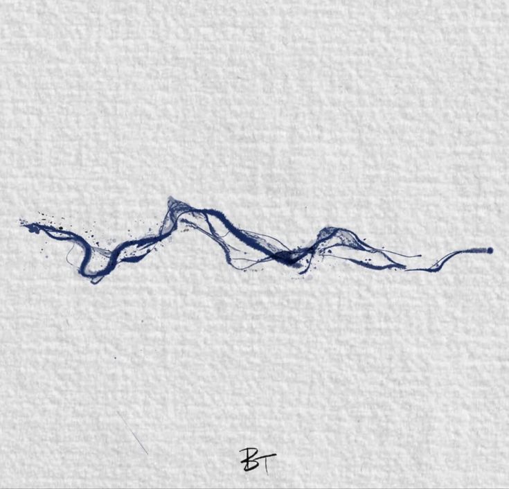 an ink drawing of a wave in blue on white paper with chinese characters below it