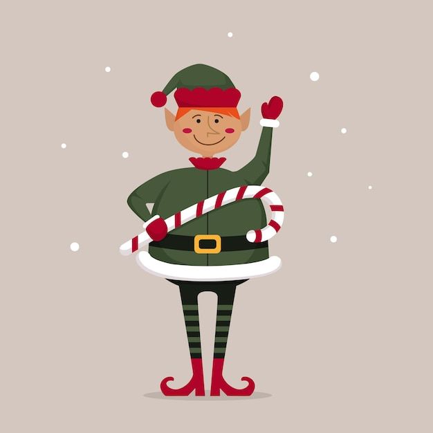 an elf is standing with his arms in the air and holding a candy cane up