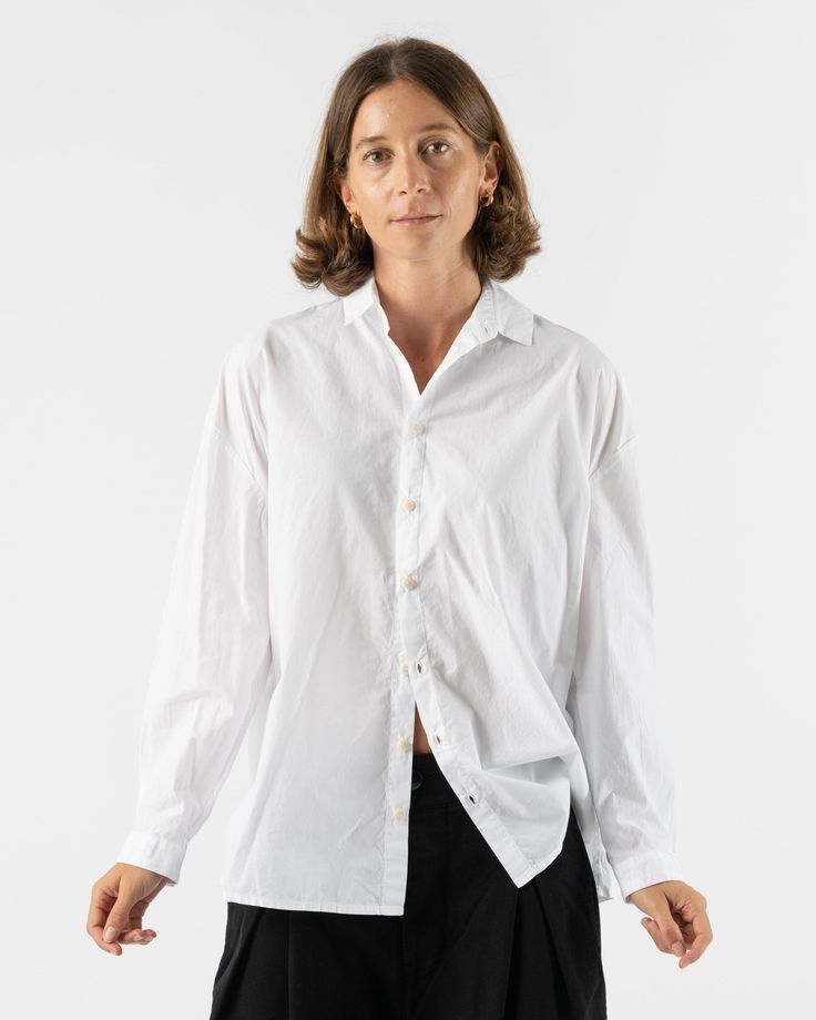 Too-Good-Draughtsman-Shirt-in-Poplin-Chalk-Santa-Barbara-Boutique-Jake-and-Jones-Sustainable-Fashion Collared Poplin Dress Shirt For Work, Poplin Collared Dress Shirt For Work, Poplin Tops With Spread Collar For Daywear, Poplin Top With Spread Collar For Daywear, Collared Poplin Shirt With Button Cuffs, Poplin Shirt With Fold Down Collar For Work, Long Sleeve Poplin Shirt With Button Closure, Relaxed Fit Poplin Tops With Button Cuffs, White Oversized Poplin Shirt