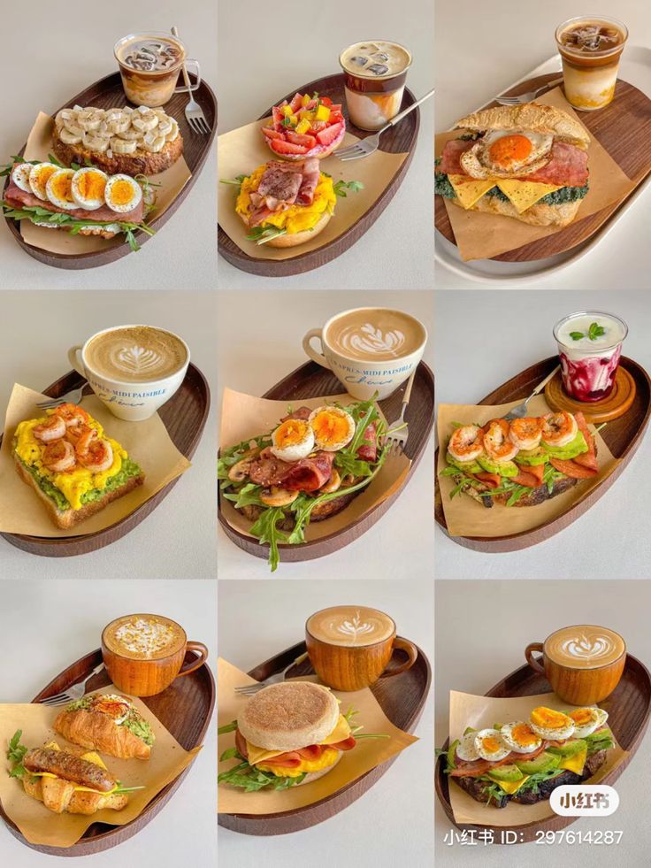 multiple pictures of different types of food and drinks on wooden trays with spoons