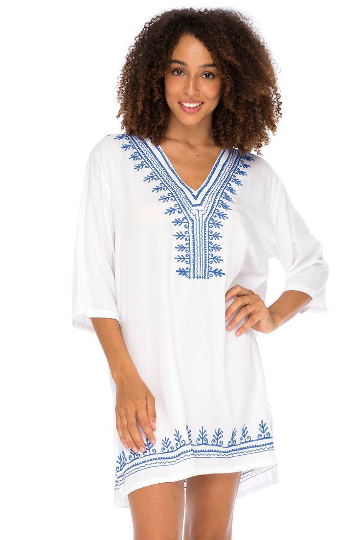 EMBROIDERED BOHO SWIMSUIT COVER UP can be worn as a sundress, beach dress, or tunic top paired with leggings or jeans for everyday wear BEAUTIFUL CUSTOM EMBROIDERY ACCENTS THE NECK AND HEM. Side slits at the hem give you ease of movement. Wear loose as a beach dress or belted over leggings 3/4 LENGTH SLEEVES keep you cool and comfortable on hot days while providing arm coverage. The perfect bikini cover up resort wear for lounging poolside or on a cruise MADE FROM 100% HIGH-QUALITY BREATHABLE RA Black Swimsuit Cover Up, Sundress Beach, Colorful Summer Dresses, Boho Tunic Dress, Tunic Tops Casual, Casual Tunics, White Swimsuit, Boho Tunics, Boho Women