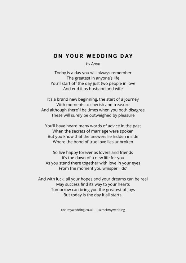 a wedding poem written in black and white with the words, on your wedding day