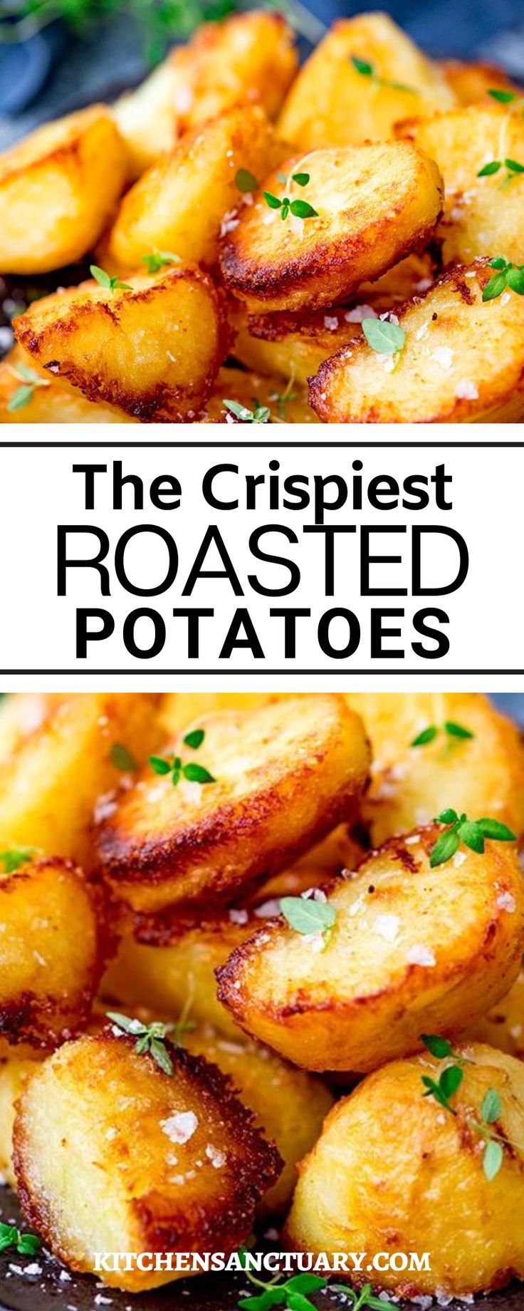 the crispy roasted potatoes are ready to be eaten and served on a platter