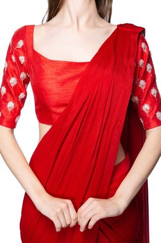 Shop for Masumi Mewawalla Red Dupion Pre-draped Saree With Blouse for Women Online at Aza Fashions Ruffle Saree, Drape Saree, Red Embroidery, Blouse Online, Fashion App, Red Blouses, Aza Fashion, Scoop Neck, Blouses For Women