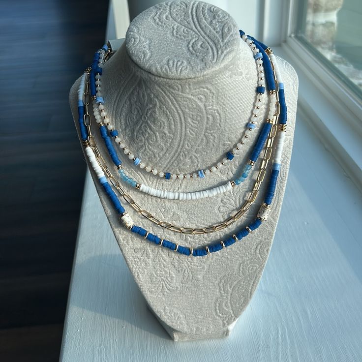 Blue And White Beaded Multi Layer Necklace, Nwt Elegant Blue Beaded Necklace For Beach, Adjustable Blue Beaded Necklace For Vacation, Blue Beaded Chain Necklace For Vacation, Multi Layer Necklace Beads, Flower Necklace Gold, Pineapple Necklace, Red Beaded Necklaces, Multi Layer Necklace, Gold Long Necklace