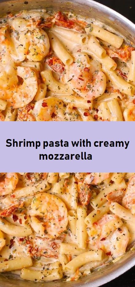 shrimp pasta with creamy mozzarella sauce in a pan