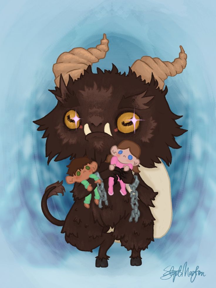 an illustration of a furry animal with big horns and two smaller animals on his chest