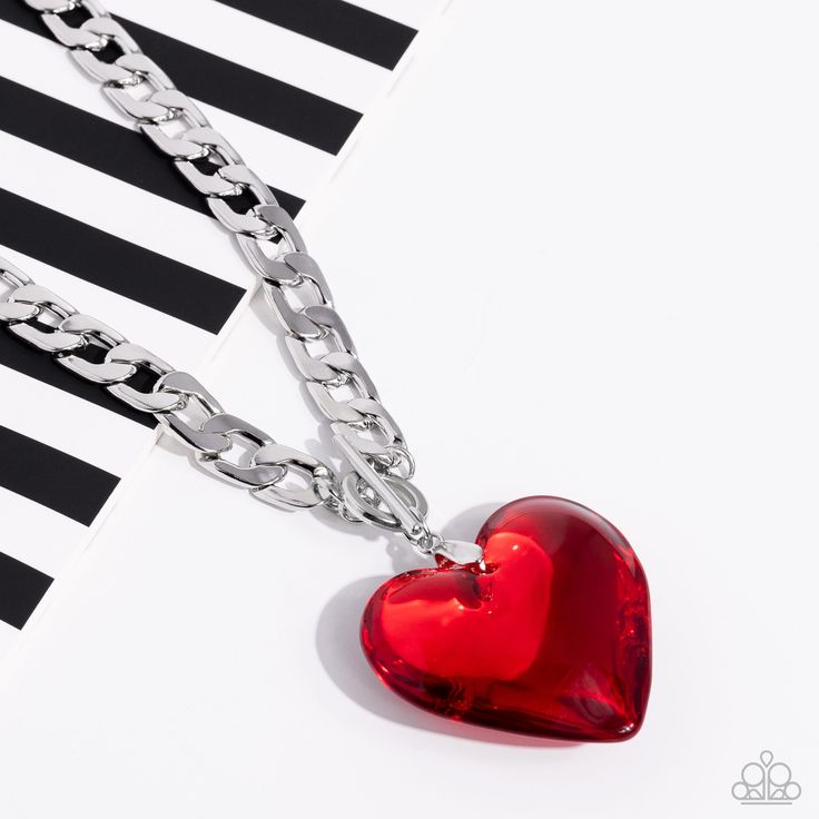 Featuring a glossy finish, an oversized, rich, red heart gem swings from the bottom of a thick silver curb chain below the collar for a romantic declaration. Features a toggle closure. Sold as one individual necklace. Includes one pair of matching earrings. Heart Gem, Red Heart Necklace, Thick Chain Necklace, Red Necklace, Link Earrings, March 2023, Paparazzi Accessories, Paparazzi Jewelry, Silver Chain Necklace