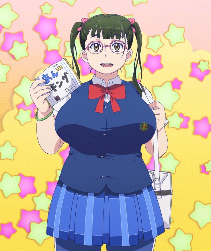 an anime character is holding a book in her hand and looking at the camera, with stars behind her