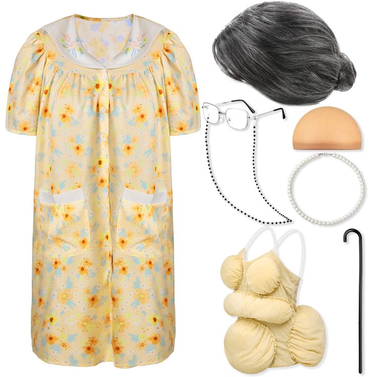 PRICES MAY VARY. Old Lady Dress up Costume Set: you will get 1 piece of women front closure housedress printed with flowers, 1 piece of adult fat suit, 1 granny wig, 1 grandma wig cap, 1 pair of granny glasses, 1 eyeglass chain, 1 granny faux pearl beads necklace and 1 adjustable crutch, 8 pieces of items in total, enough to play the role of an old lady at a party, suitable for cosplay, saving your time and energy in matching Cute Housedress: this old lady dress is made of cotton and polyester, Granny Costume For Adults, Old Lady Party Theme, Old Person Costume, Old Lady Costume For Women, Senior Citizen Costume, Granny Halloween Costume, Old People Costume, Grandma Wig, Granny Wig