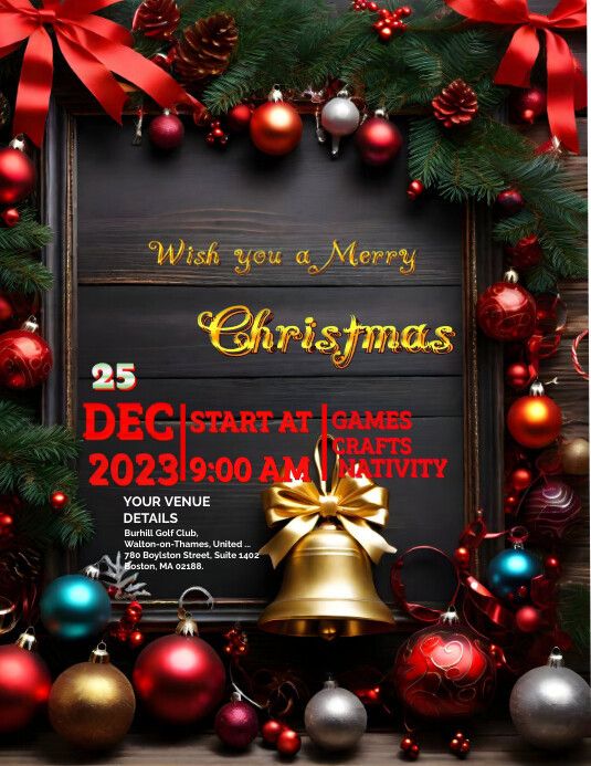 christmas party flyer with bells and ornaments