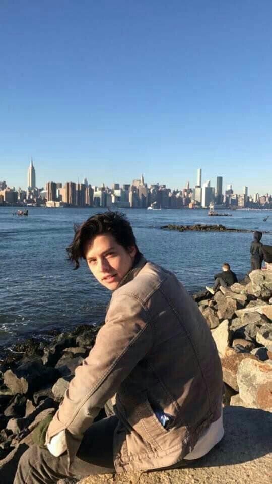 a man sitting on rocks near the water with a city skyline in the background,