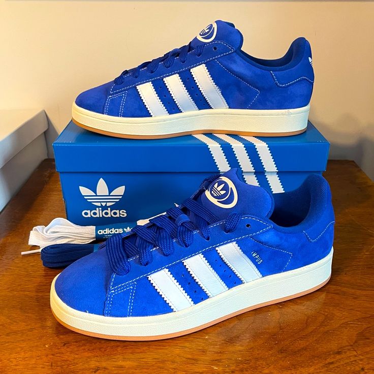 Blue Adidas Outfit, Blue Campus, Campus 00, White Athletic Sneakers, Adidas Shoe, Cute Adidas Shoes, Adidas Nite Jogger, Adidas Shoes Mens, Adidas Campus