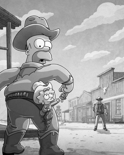 the simpsons character is standing in front of an old western town with two men walking by