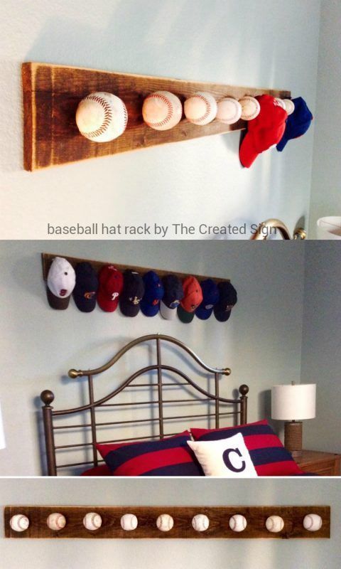 three different pictures of baseballs mounted on the wall above a bed and below a headboard