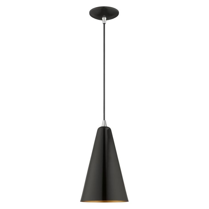 a black and gold pendant light hanging from the ceiling with an adjustable cord on it