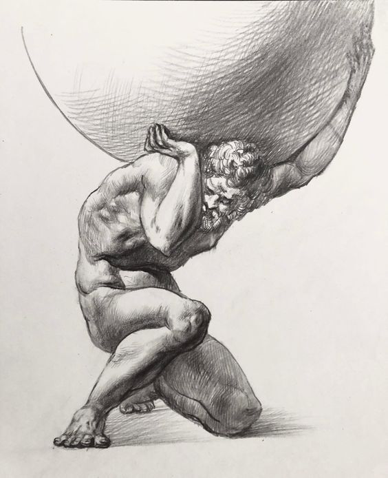 a drawing of a man kneeling down with his head on the back of a large object