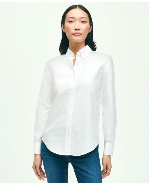 Our shirt is crafted from Oxford cotton with our signature button-down collar and 6-Pleat Shirring® at the cuff, for a nod to timeless American style. Classic silhouette that is straight in the bodyEmbroidered logo at chest100% CottonMachine washImported | Women's Classic-Fit Cotton Oxford Shirt | White | Size 2 Monogram Styles, Pocket Pants, Oxford Shirt, Cropped Denim, Navy And Green, Blazer Buttons, Style Classic, Brooks Brothers, Shirt White