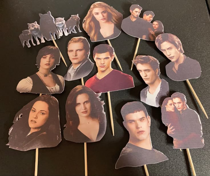 the twilight saga cupcake toppers are arranged on sticks