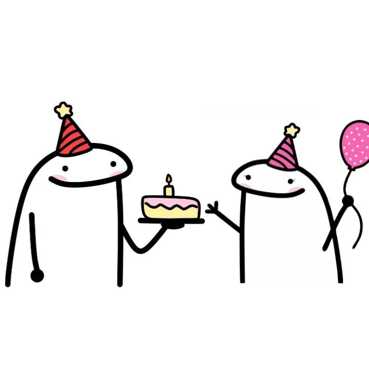 two cartoon figures holding a cake and balloons