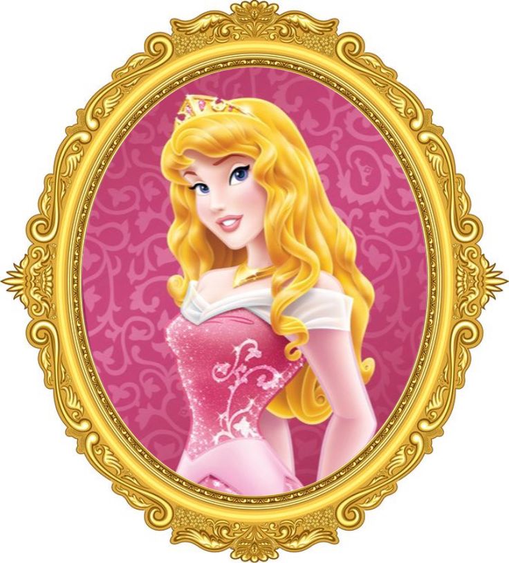 the princess from disney's sleeping beauty is shown in a gold frame with pink background