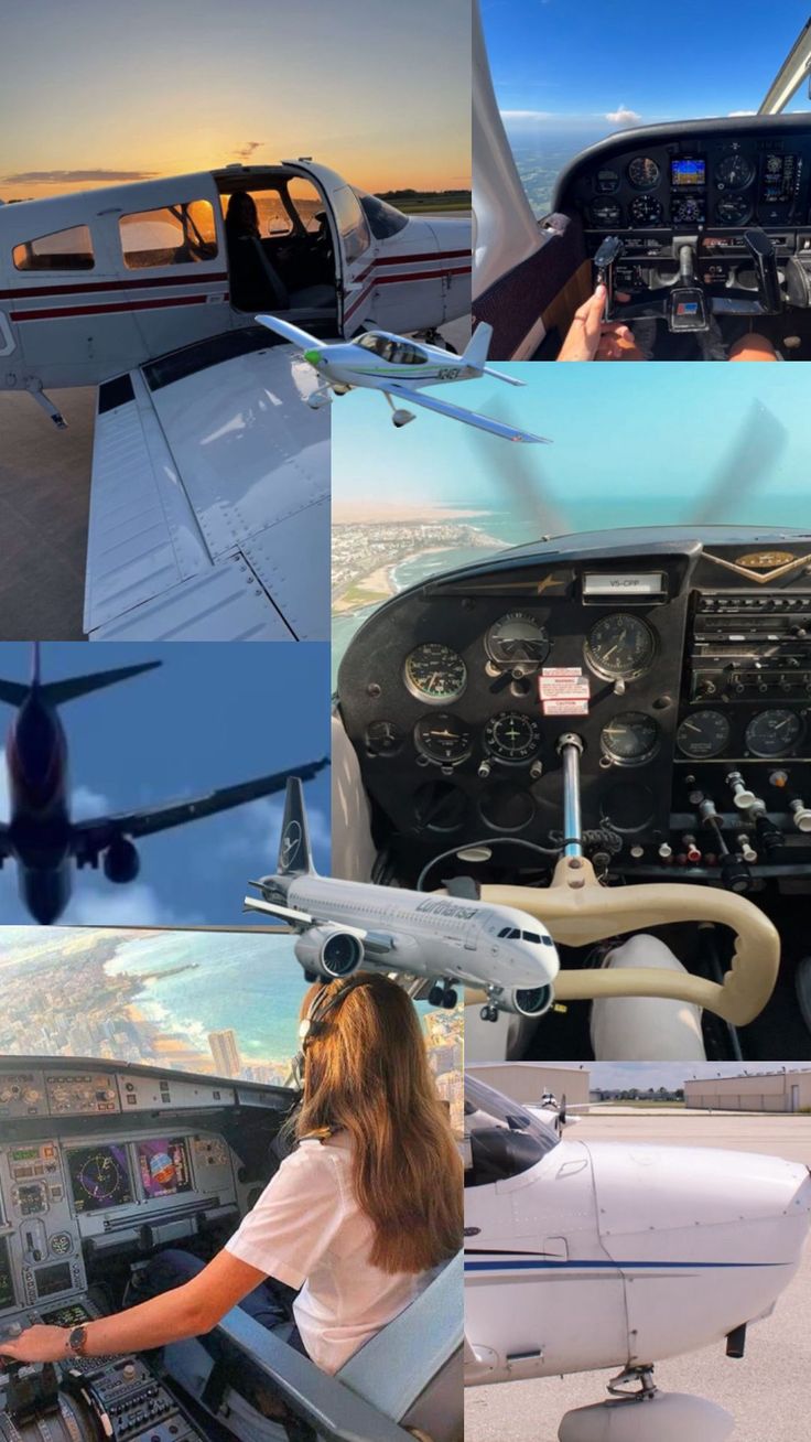 a collage of photos showing the inside of an airplane cockpit and various views of it