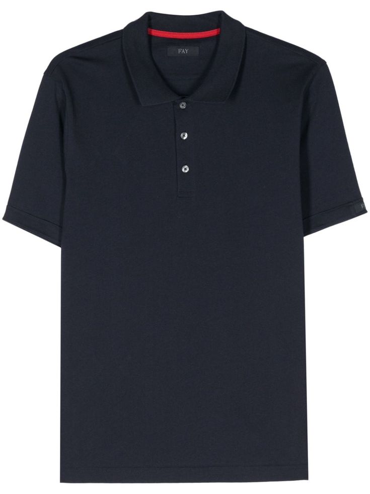 midnight blue cotton soft jersey logo patch at the sleeve polo collar short sleeves short side slits short front button fastening straight hem unlined