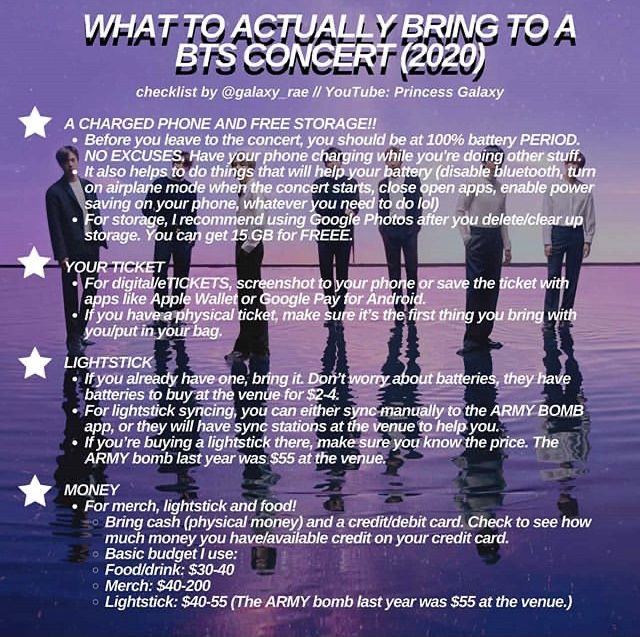 an advertisement with the words what to actually bring to a bt's concert