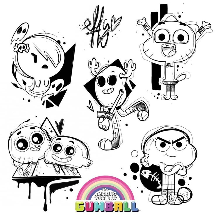 cartoon characters drawn in black and white ink