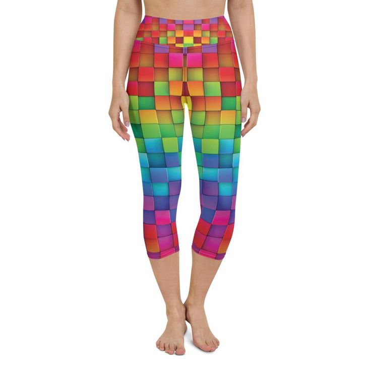 Wow we have some amazing leggings for you! If you are looking for colorful, fun, amazing, happy and cheerful, the Gearbunch Rainbow Blocks Yoga Capris are a must have in your wardrobe.   The rainbow design of pink, purple, green, blue, red. yellow and orange with black detail will brighten your day every time you put these capri leggings on.  The firm fitting, soft and stretchy fabric and wide waistband make these capri leggings perfect for evening runs, gym workouts, CrossFit, yoga and all your Multicolor Workout Leggings In Athleisure Style, Casual Multicolor Workout Pants, Multicolor Athleisure Leggings For Workout, Trendy Multicolor Leggings For Spring, Multicolor Athleisure Bottoms For Spring, Fitted Multicolor Athleisure Yoga Pants, Multicolor Bottoms For Summer Yoga, Multicolor Bottoms For Yoga In Summer, Playful Stretch Activewear For Yoga