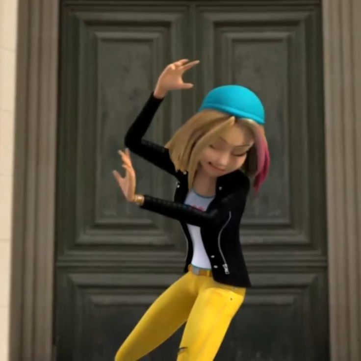 a cartoon girl in yellow pants and a black jacket is posing for the camera with her arms outstretched