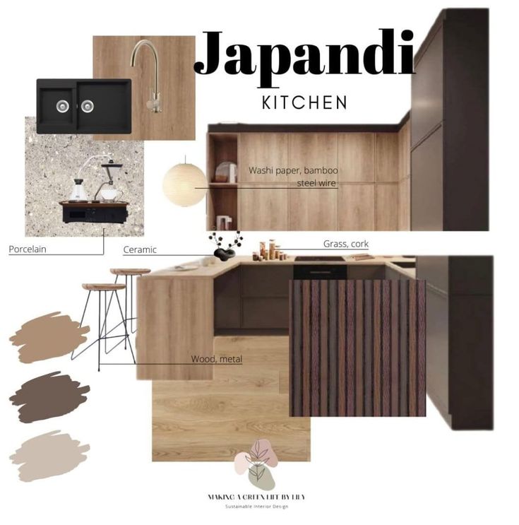 Are you looking for Japandi style interior design inspiration for your kitchen? I have many sustainable Japandi mood boards that are created by only using eco-conscious brands. Check them out from here! #scandinaviankitchenideas Japandi Kitchen Inspiration, Kitchen Japandi Design, Japandi Kitchen Color Palette, Moodboard Kitchen Design, Japandi Kitchen Backsplash, Dark Japandi Kitchen, Kitchen Japandi Style, Japandi Restaurant, Japandi Mood Board