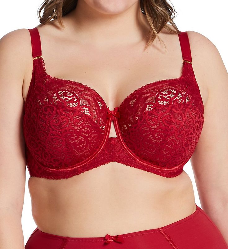 Sexy and exceptionally supportive lace cup bra offers full coverage and soft stretch microfiber sides. Multi-part, unpadded sheer lace underwire cup has fine mesh lining along bottom for added support and coverage. Partial inner side support panel from base of strap down to center cup seam. Stretch lace upper cup features a close fit along neckline. Center - tall, arched panel has a keyhole at top and a satin bow. Sewn-on elastic band along bottom front for fit. Tall sides and back are self-line Red Fitted Bra With Removable Cups, Fitted Red Bra With Removable Cups, Red Full Coverage Bra With Padded Cups, Full Coverage Red Bra With Padded Cups, Red Full Coverage Padded Bra, Panache Bras, Raspberry Red, Lace Underwire, Full Cup Bra