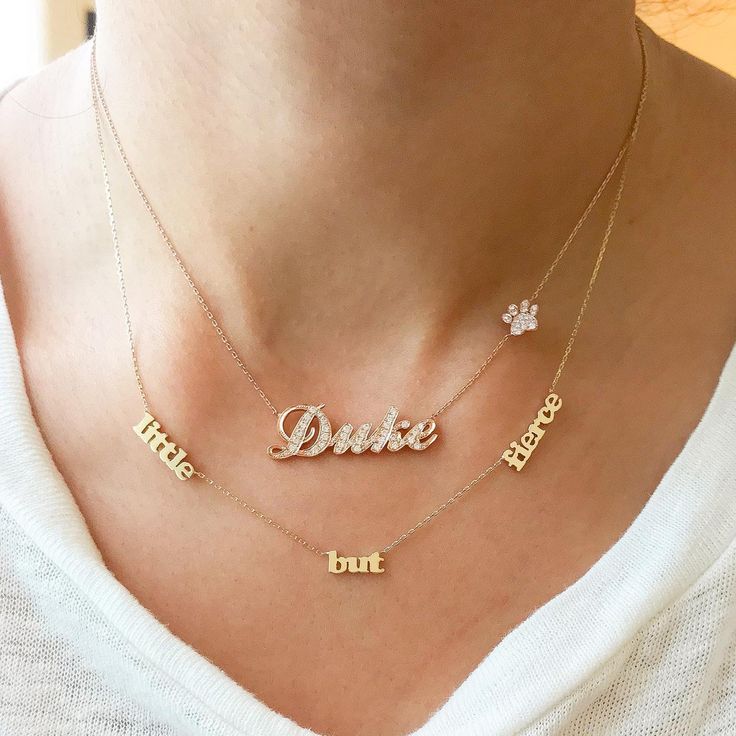 This unique personalized script font nameplate cut-out necklace is composed of 14K solid gold and beautifully pavé set with genuine GVs1 quality natural real Diamonds. This pendant is complemented by a durable 14K solid gold adjustable chain or can be purchased as a charm alone without the chain under the "Length" drop-down menu. NOTE: The item will be made in the exact casing of the characters entered. Please be mindful of this detail when providing the customization desired. Name Dimensions: a Block Font, Family Necklace, Solid Gold Necklace, Solid Gold Chains, Charm Pendant Necklace, Script Font, Link Necklace, Unique Necklaces, Gold Charm