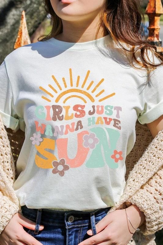 GIRLS JUST WANNA HAVE SUN,SUMMER UNISEX SHORT SLEEVE,GRAPHIC TEE,GRAPHIC TSHIRTS,TSHIRTS,TEES100%COTTON,HEATHER(52%COTTON,48%POLY),ATH.HEATHER,BLACK HEATHER(90%COTTON,572%POLY)NICARAGUAMade In: NicaraguaSize Measurement (inch): S: (Bust), (Waist), (Hips), (Length) M: (Bust), (Waist), (Hips), (Length) L: (Bust), (Waist), (Hips), (Length) Retro Summer T-shirt With Front Print, Retro Summer T-shirt With Slogan, Green Summer T-shirt With Slogan, White T-shirt With Front Print For Spring, Spring White T-shirt With Front Print, Retro Summer Cotton T-shirt, Retro Cotton T-shirt For Summer, Green Summer T-shirt With Front Print, White Summer T-shirt With Text Print