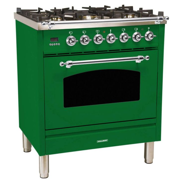 a green stove with four burners and two ovens on the front, side by side