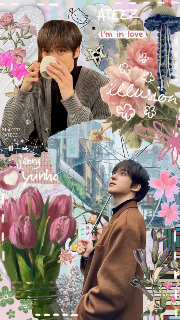 the collage has flowers and people in it