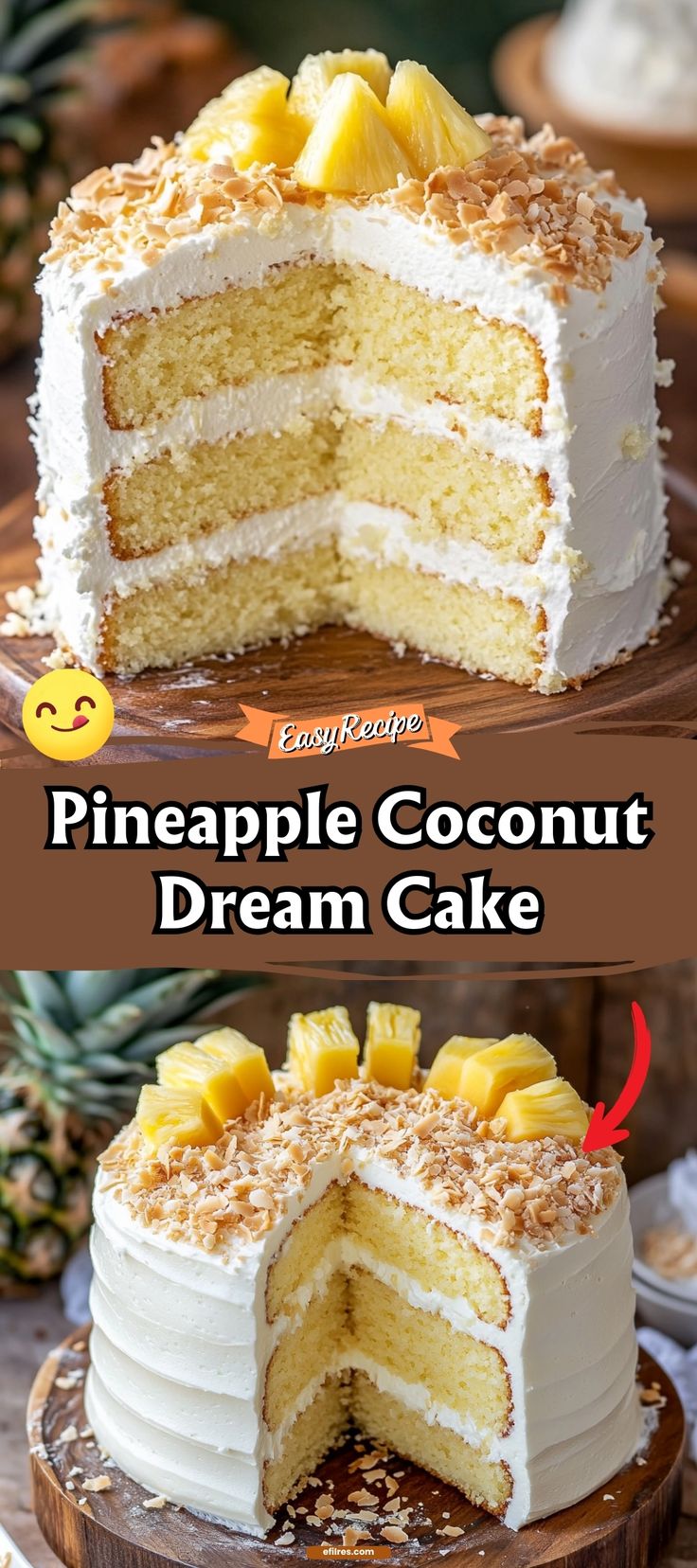 a pineapple coconut dream cake is cut into pieces and served on a wooden platter