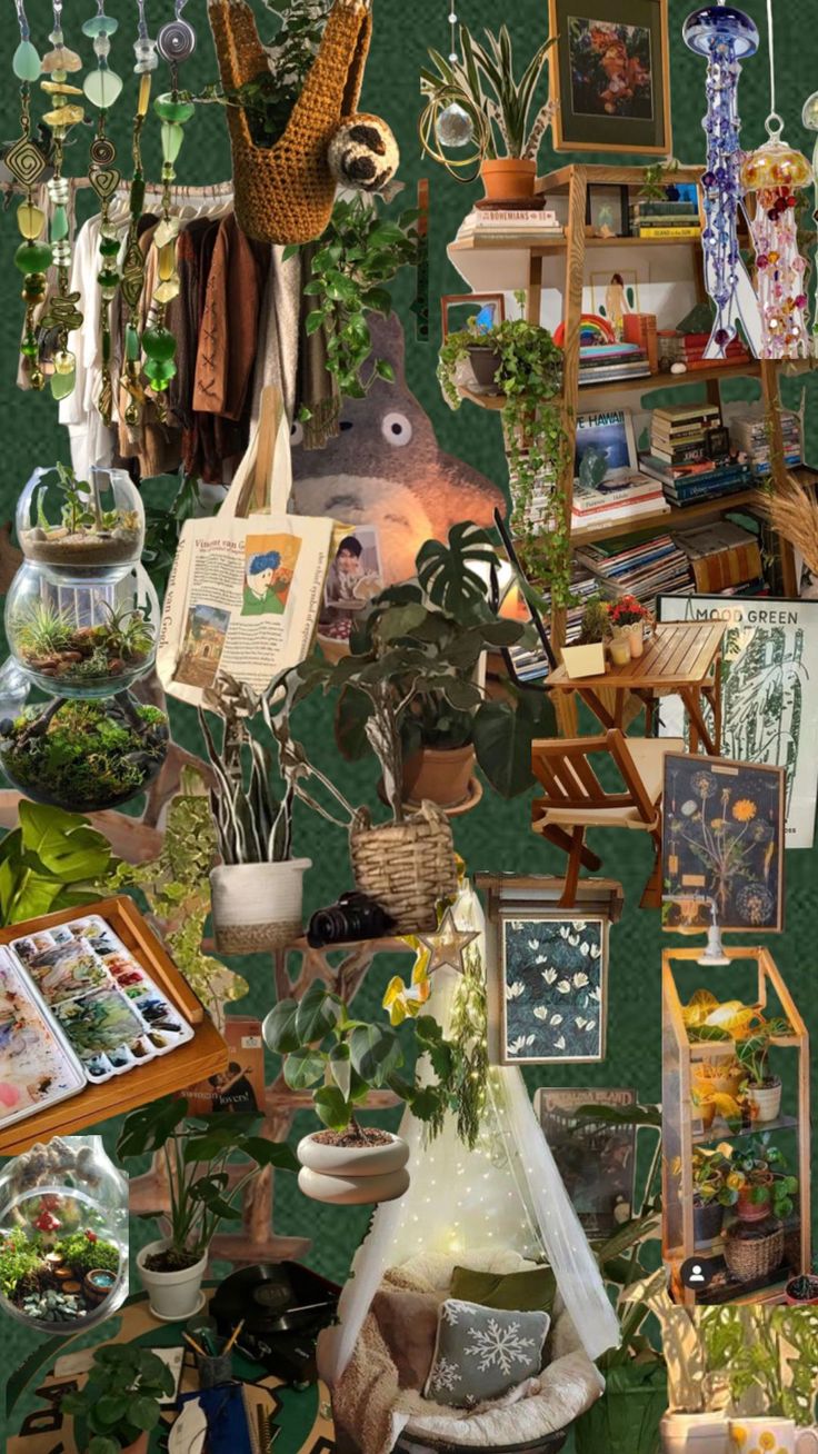 a collage of plants and pictures hanging on the wall