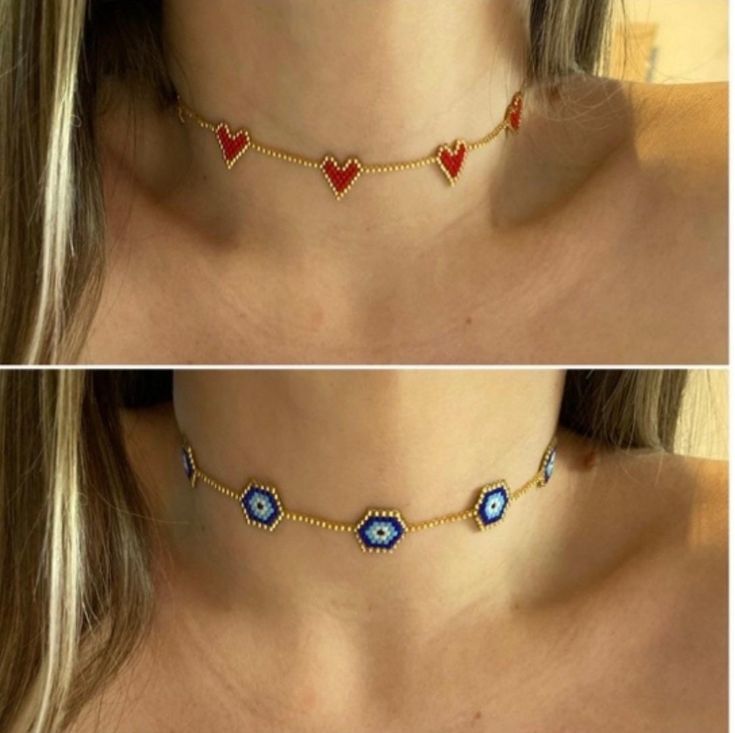 Handmade miyuki choker. Come in 2 different options Miyuki Necklace Pattern, Multicolor Clavicle Chain Choker As Gift, Gift Beaded Clavicle Chain Choker, Gift Beaded Choker Necklace, Beaded Choker Necklace For Gift, Adjustable Clavicle Chain Beaded Choker, Party Choker With Tiny Beads, Beaded Choker Patterns, Choker Ideas