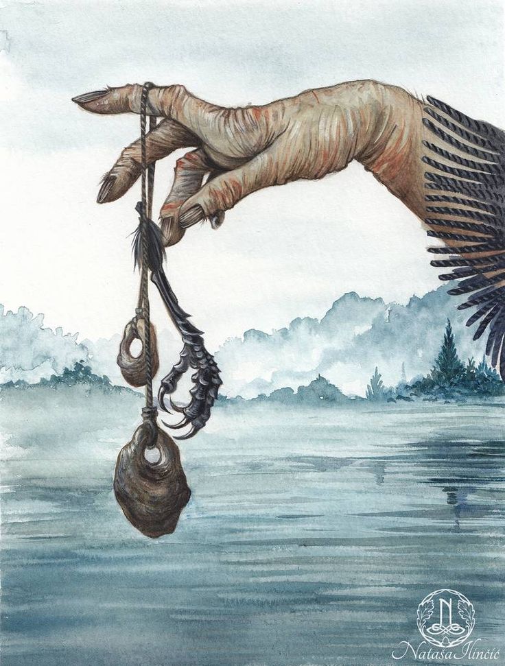 a drawing of a bird flying over water with its wings extended and two bags hanging from it's feet