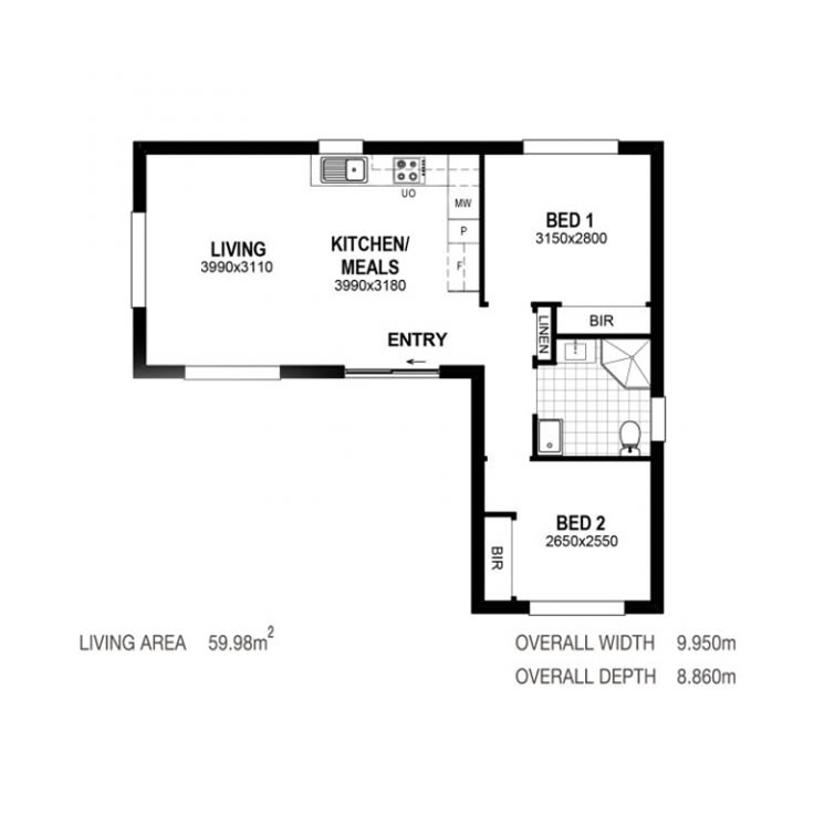 the floor plan for an apartment with two bedroom and one bathroom, which is divided by a separate living area