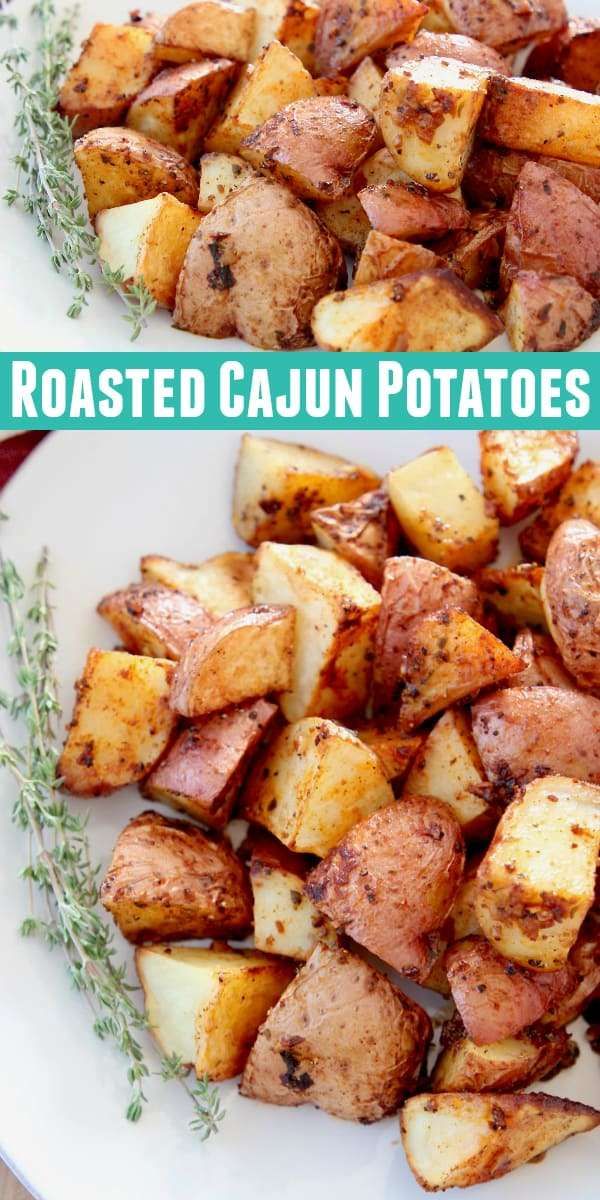 roasted cajun potatoes on a white plate with herbs