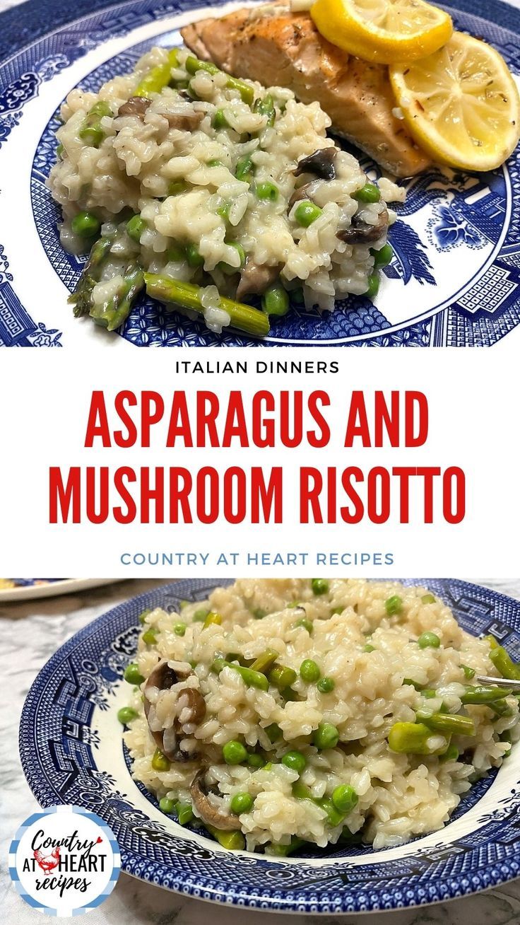 two plates with rice, peas and lemons on them next to the words asparagus and mushroom risotto