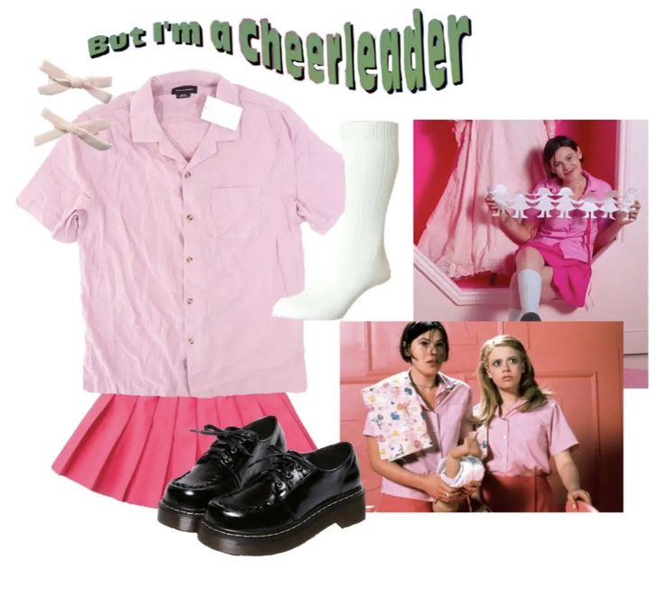 two women in pink outfits and black shoes with the caption, but i'm a cheerleader